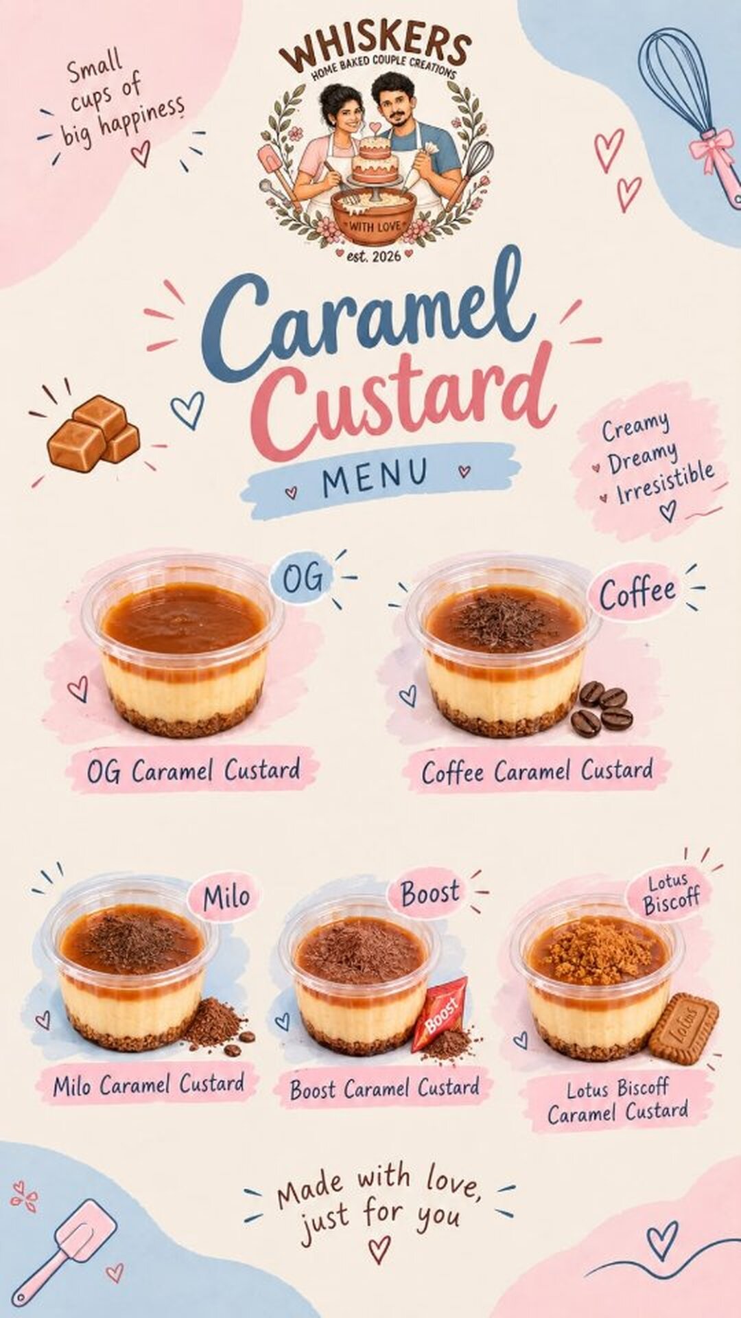 Whiskers caramel custard menu - OG, Coffee, Milo, Boost and Lotus Biscoff